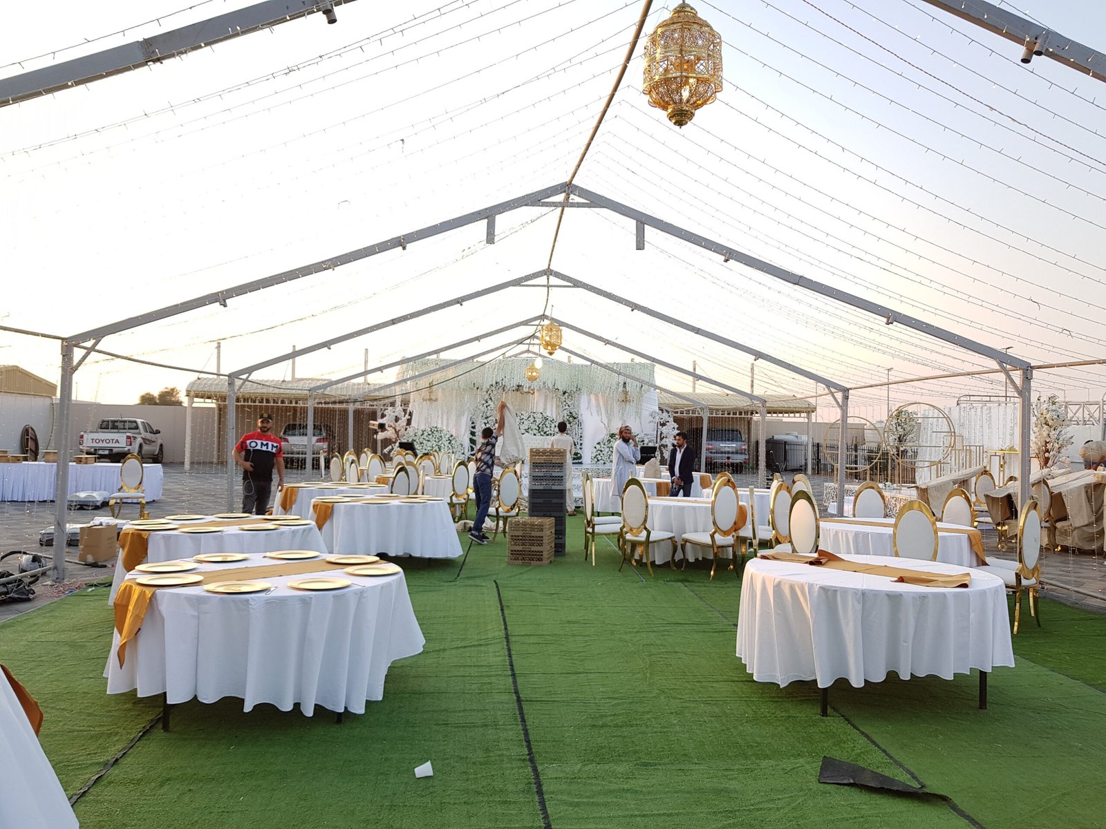 Party lighting and carpet setup